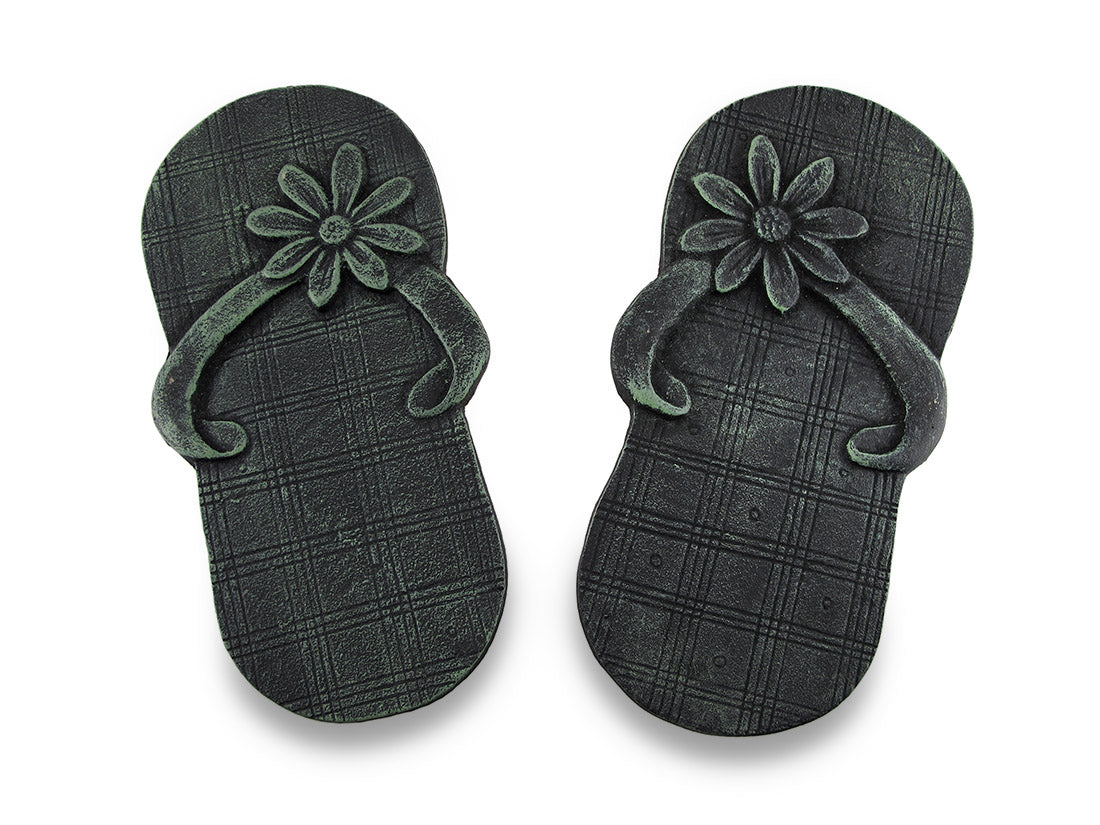 Zeckos Pair of Cast Iron Flip Flop Stepping Stones Verdigris Finish