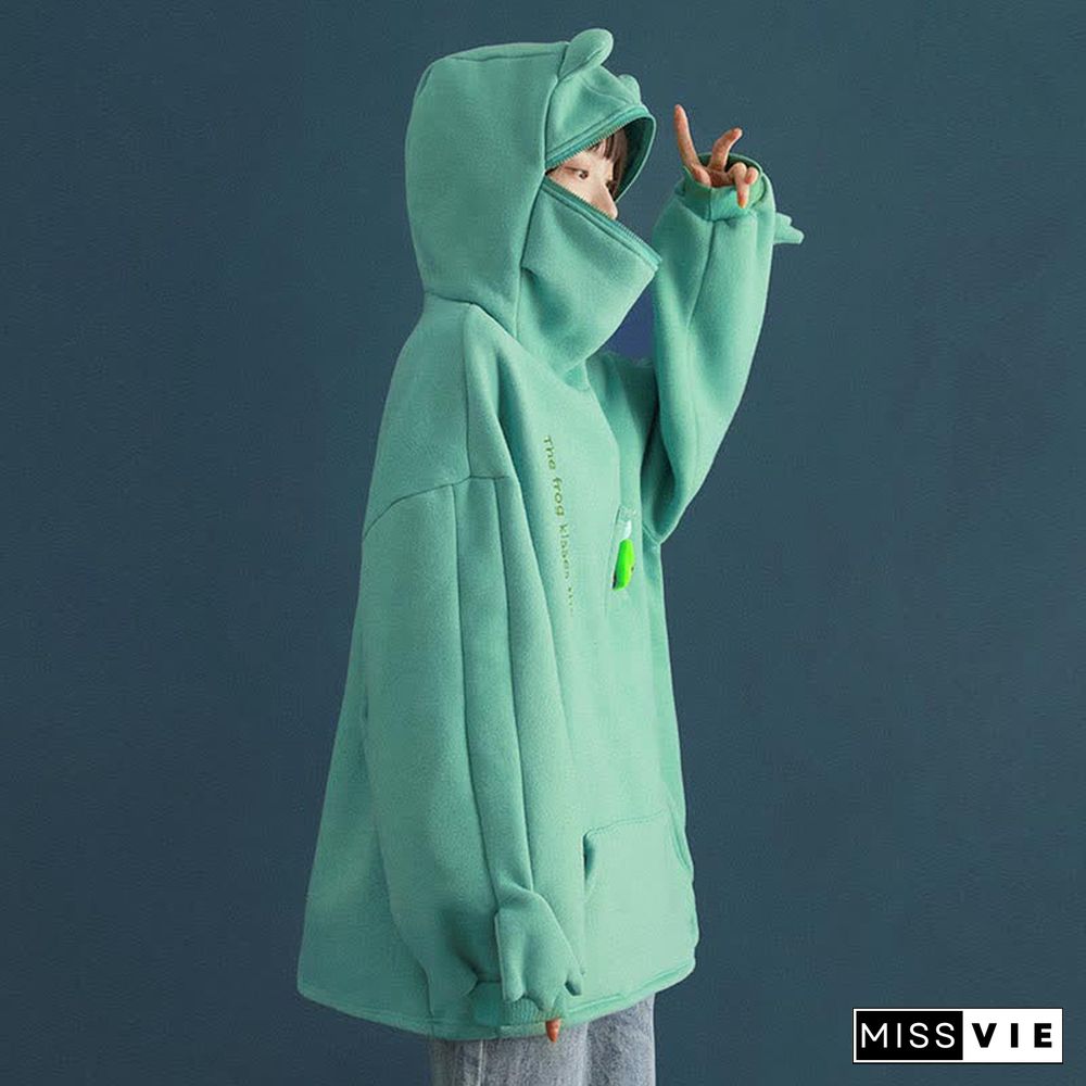 Frog Letter Zipper Pocket Oversized Hoodie THE FROG KISSES THE PRINCESS