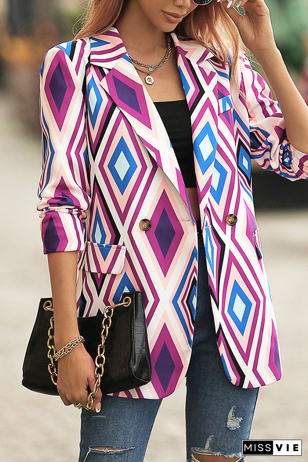 Lapel Collar Geometric Print Open Button Jackets