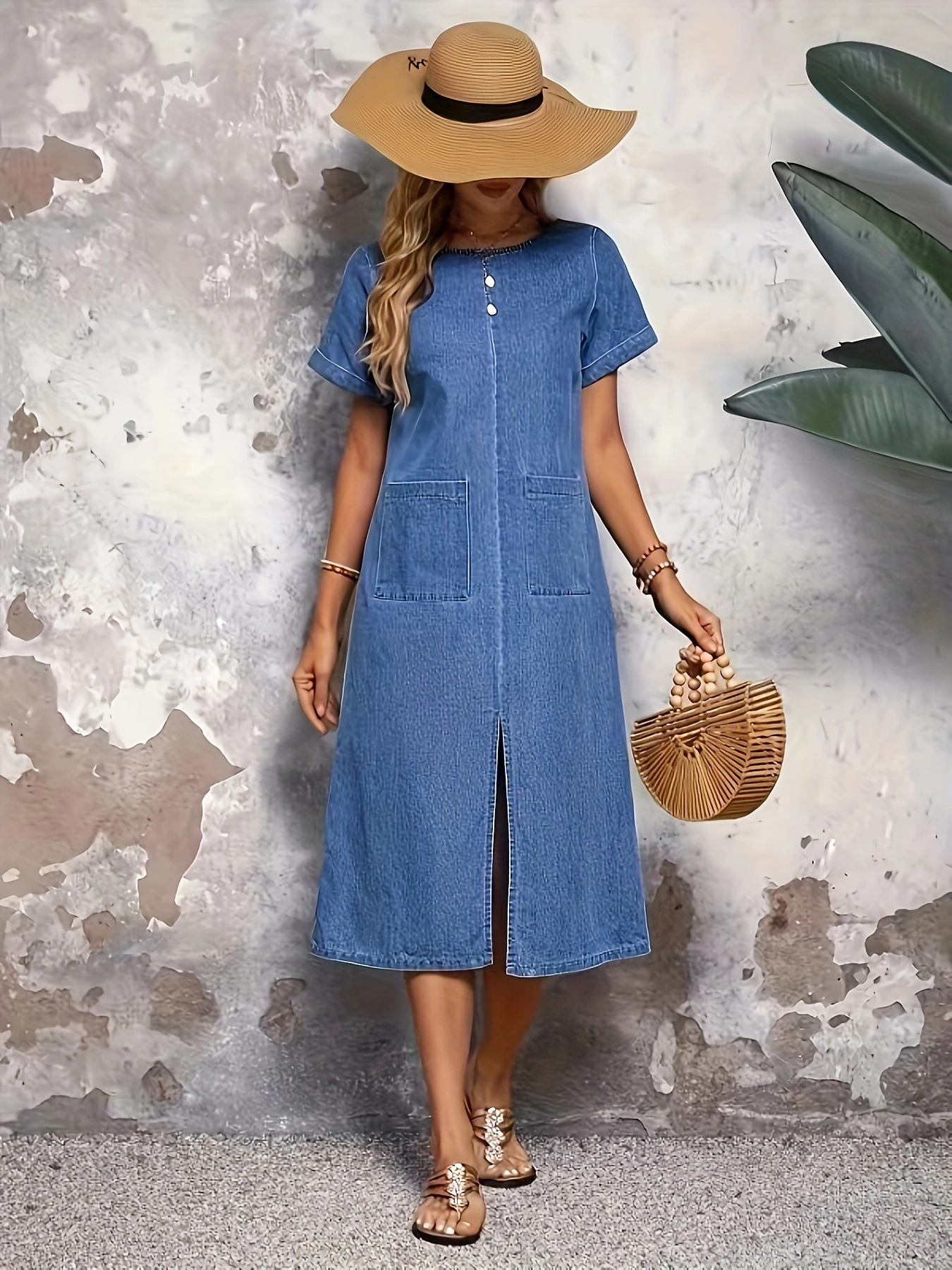 Plus Size Plain Washed Blue Short Sleeve Split Front Casual Denim Dress, Womens Denim Jeans & Clothing