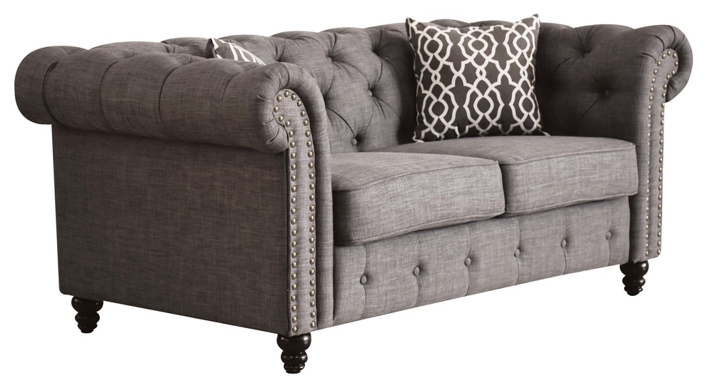 ACME Aurelia Loveseat With 2 Pillows  Gray Linen   Traditional   Loveseats   by HedgeApple  Houzz