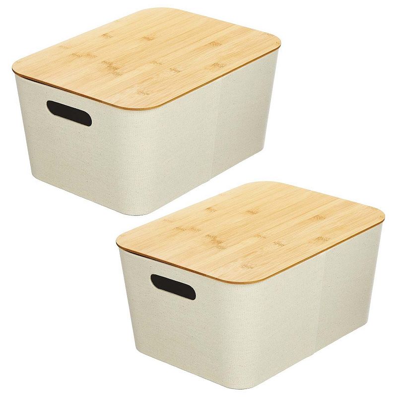 mDesign Fabric Stacking Storage Bin Box with Wood Lid Cover - 2 Pack