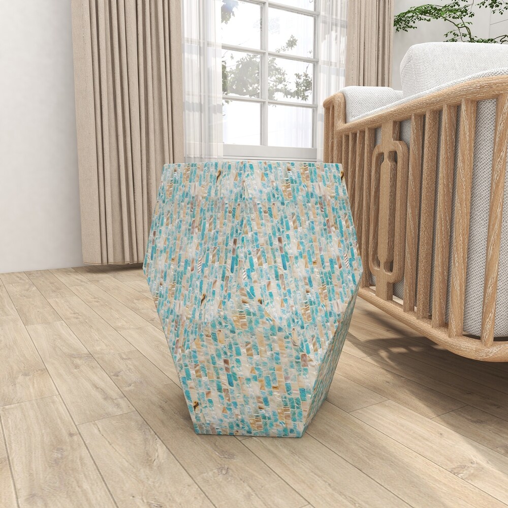 Cream or Blue Multi Color Shell Coastal Contemporary Accent Side Table   16 x 16 x 19