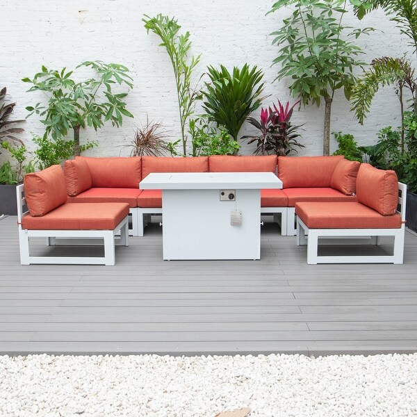 LeisureMod Chelsea 7Piece White Patio Sectional With Fire Pit Table