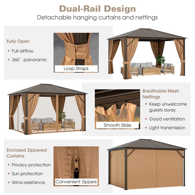 10 x 12 FT Hardtop Gazebo with Netting, Outdoor Patio Metal Gazebo with Galvanized Steel Roof