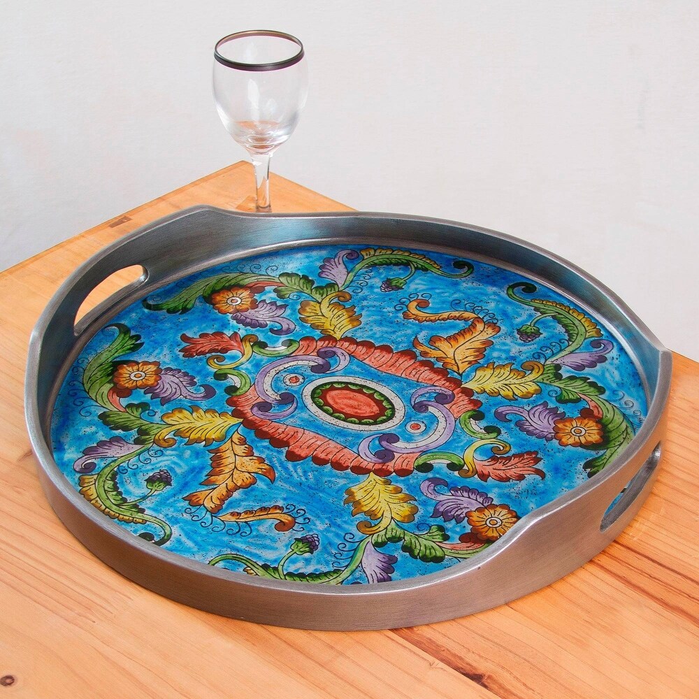 Handmade New Blue Bloom Reverse painted glass tray
