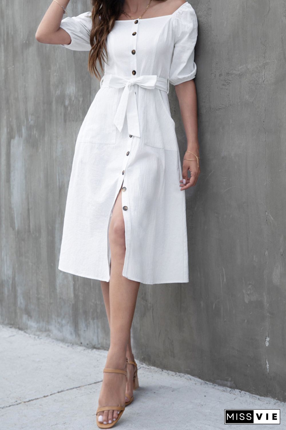 Lantern Sleeve High Waist Buttoned Midi Dress Wholesale