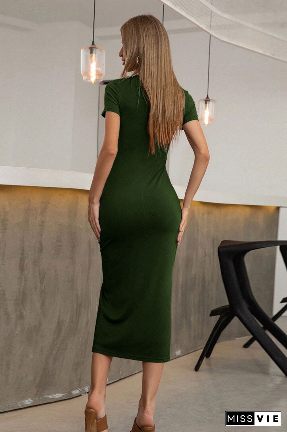 Dark Green Short Sleeve Midi Bodycon Dress