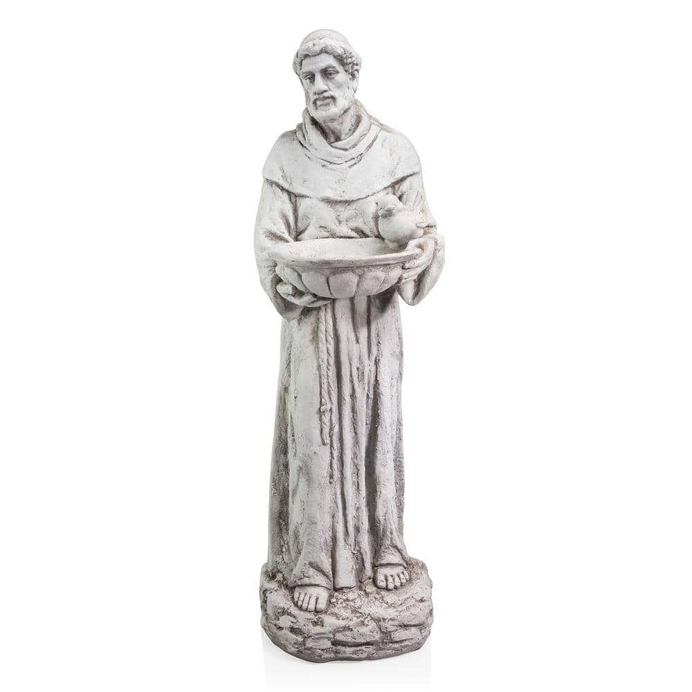 Alpine Corporation 45 in. Tall Outdoor Saint Francis Birdbath Statue Yard Art Decoration, Light Gray QFC106