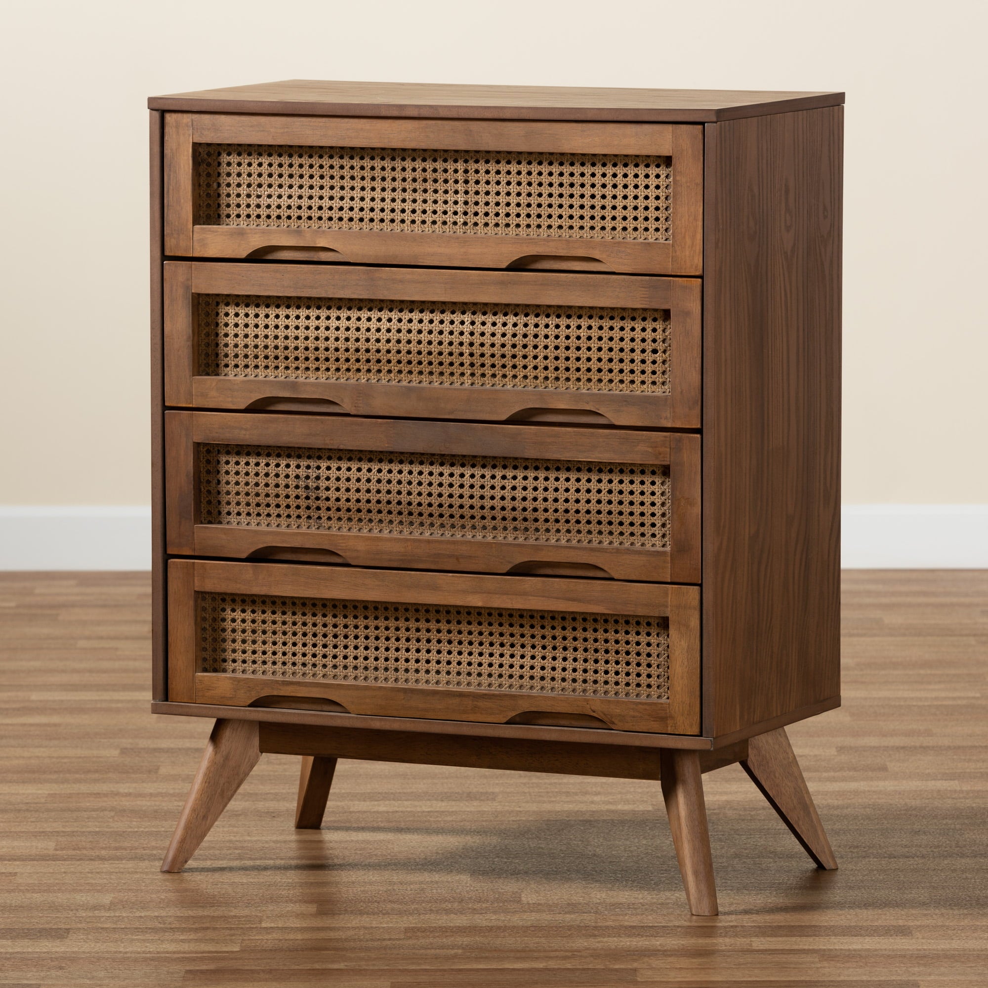 Baxton Studio Barrett Mid-Century Modern Walnut Brown Finished Wood and Synthetic Rattan 4-Drawer Chest