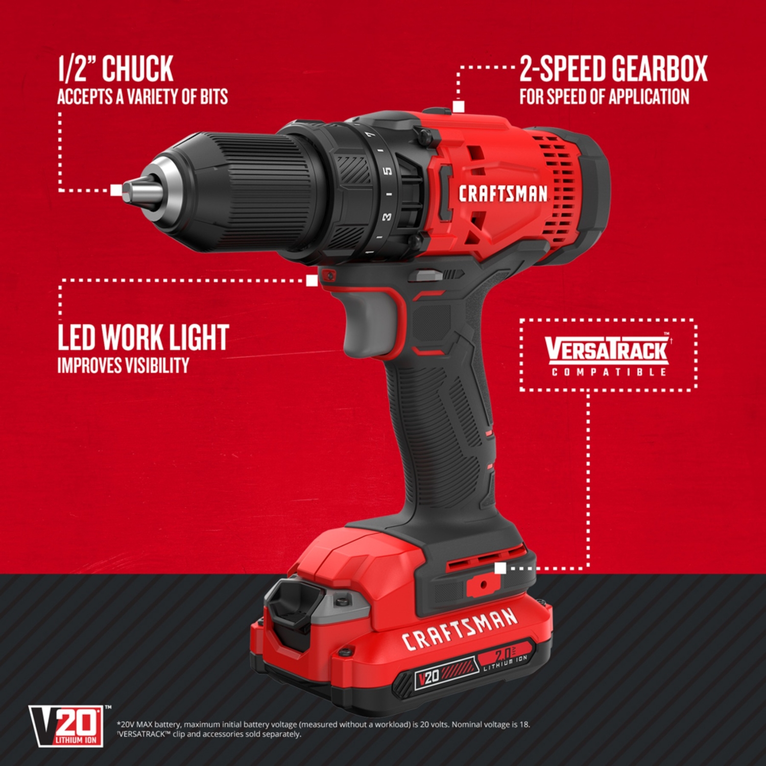 Craftsman V20 20 V 1/2 in. Brushed Cordless Compact Drill Kit (Battery \u0026 Charger)