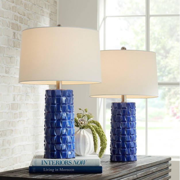 High Column Mid Century Modern Table Lamps Set Of 2 Blue Ceramic White Shade Living Room Bedroom Bedside Nightstand House