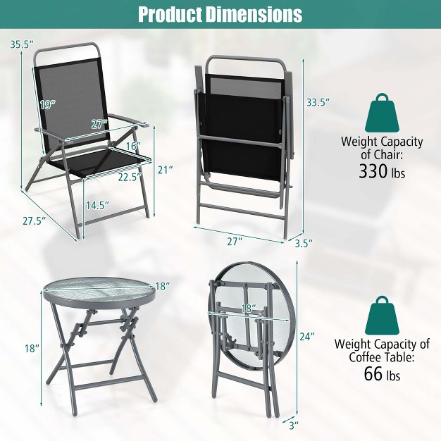 Costway 3pcs Patio Folding Table Chair Set Extra large Seat Metal Frame Portable Outdoor