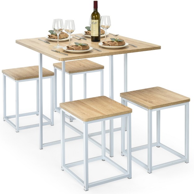 Costway 5pcs Dining Set Compact Dining Table And 4 Stools Metal Frame Nature vintage