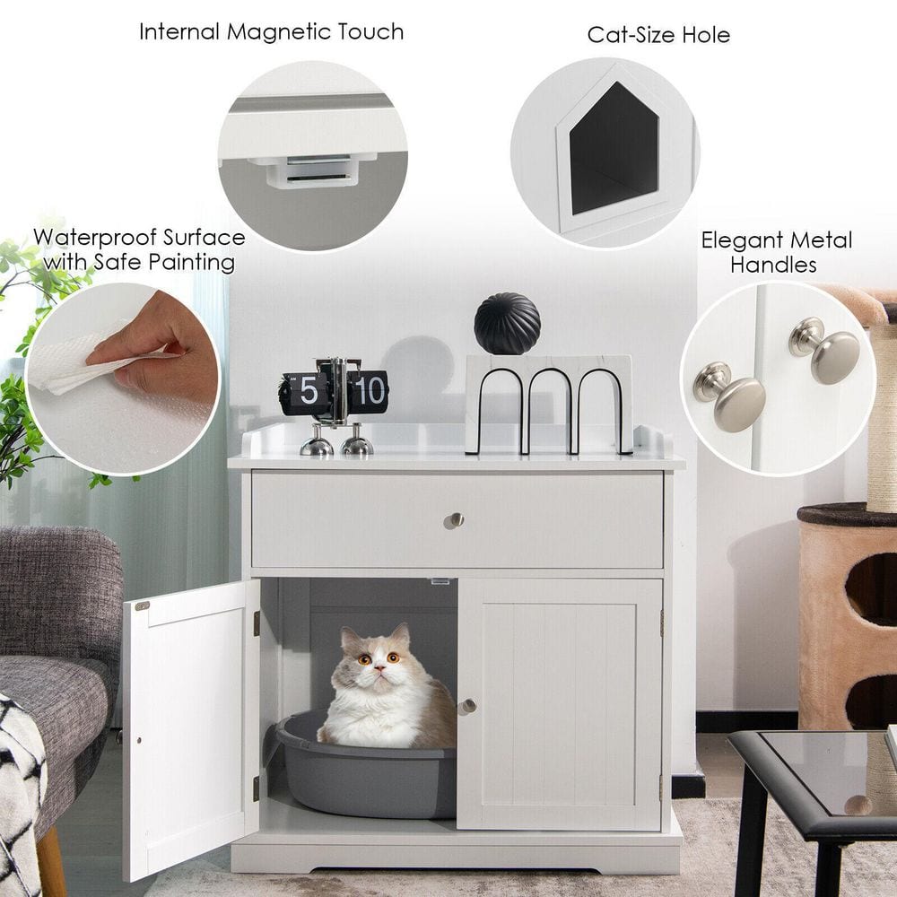 ANGELES HOME 30 in. W x 29 in. H Wood Cat Litter Box Enclosure with Drawer Side Table Furniture in White 8CK-10009PVWH