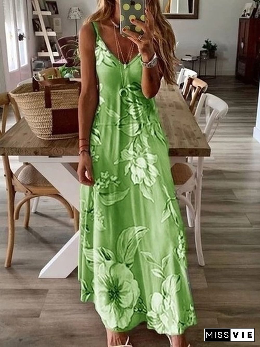 New Summer Women's Sleeveless U-Neck Letter Floral Print Dress Big Swing Skirt Gradient Vest Dress Loose Casual Long Dress Plus Size