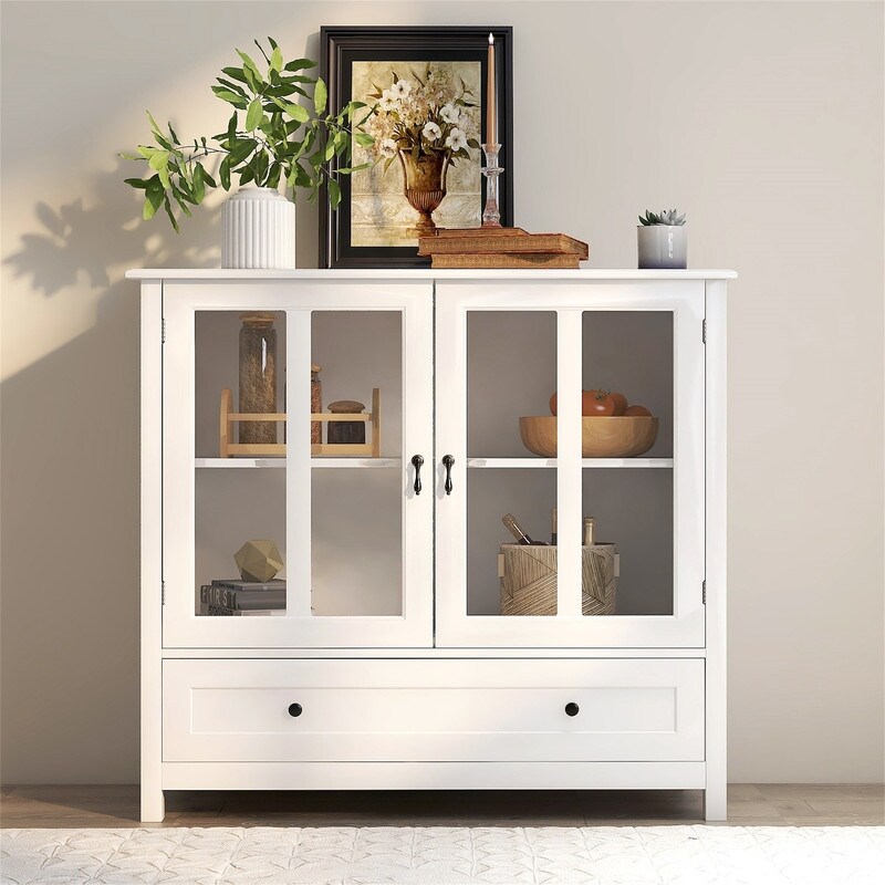 Wood Dining Buffet Storage Cabinet Double Doors Bell Handle White