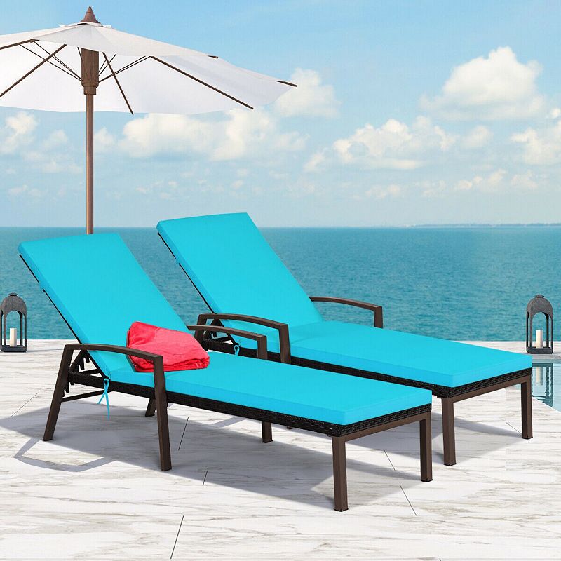 2 Pieces Patio Rattan Adjustable Back Lounge Chair with Armrest and Removable Cushions