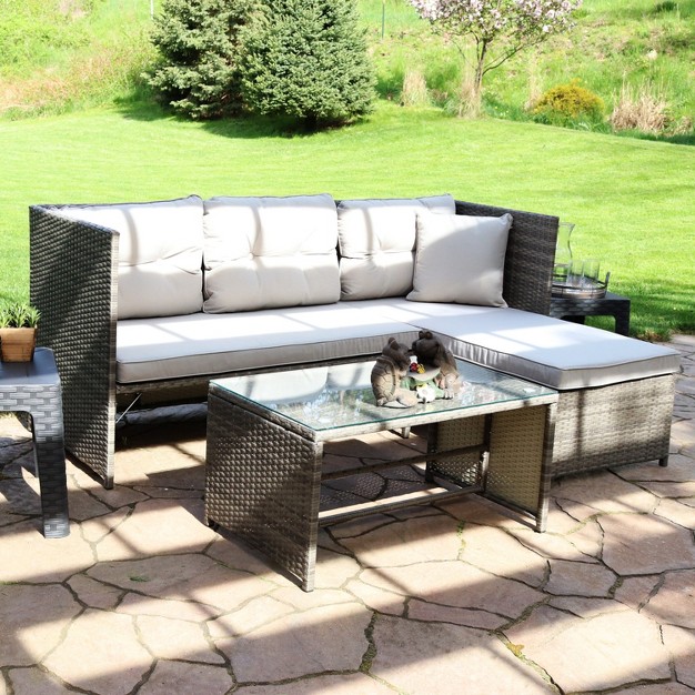 Sunnydaze Outdoor Longford Patio Sectional Sofa Conversation Set With Cushions And Table 3pc