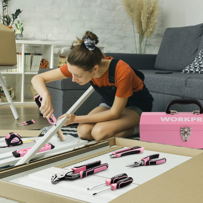 WORKPRO 75-Piece Pink Tools Set， 3.7V Rotatable Cordless Screwdriver