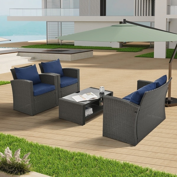 Outdoor Patio Furniture Rattan Outdoor Sofa Set Tempered Glass Table 4 Pillows Shelves Storage Waterproof Fabric