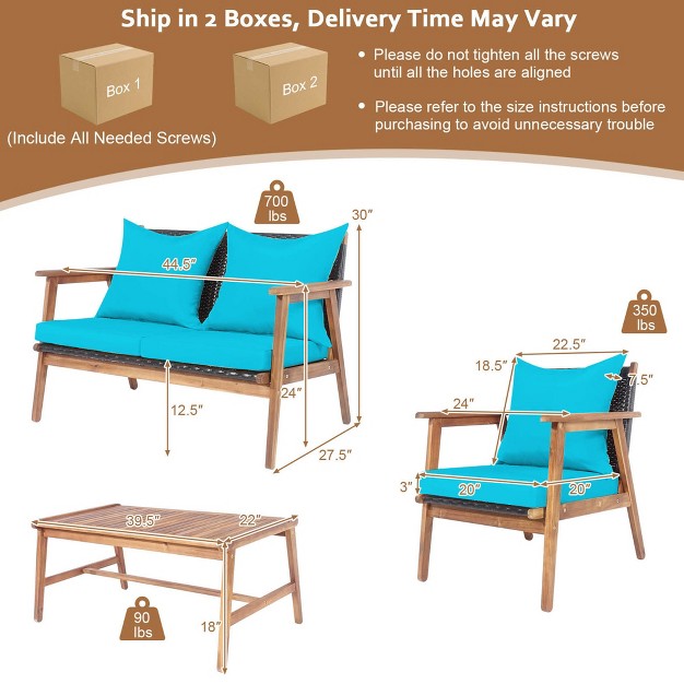 Tangkula 4pcs Patio Conversation Set Wood Frame Furniture Set W Turquoise amp Black Cushions