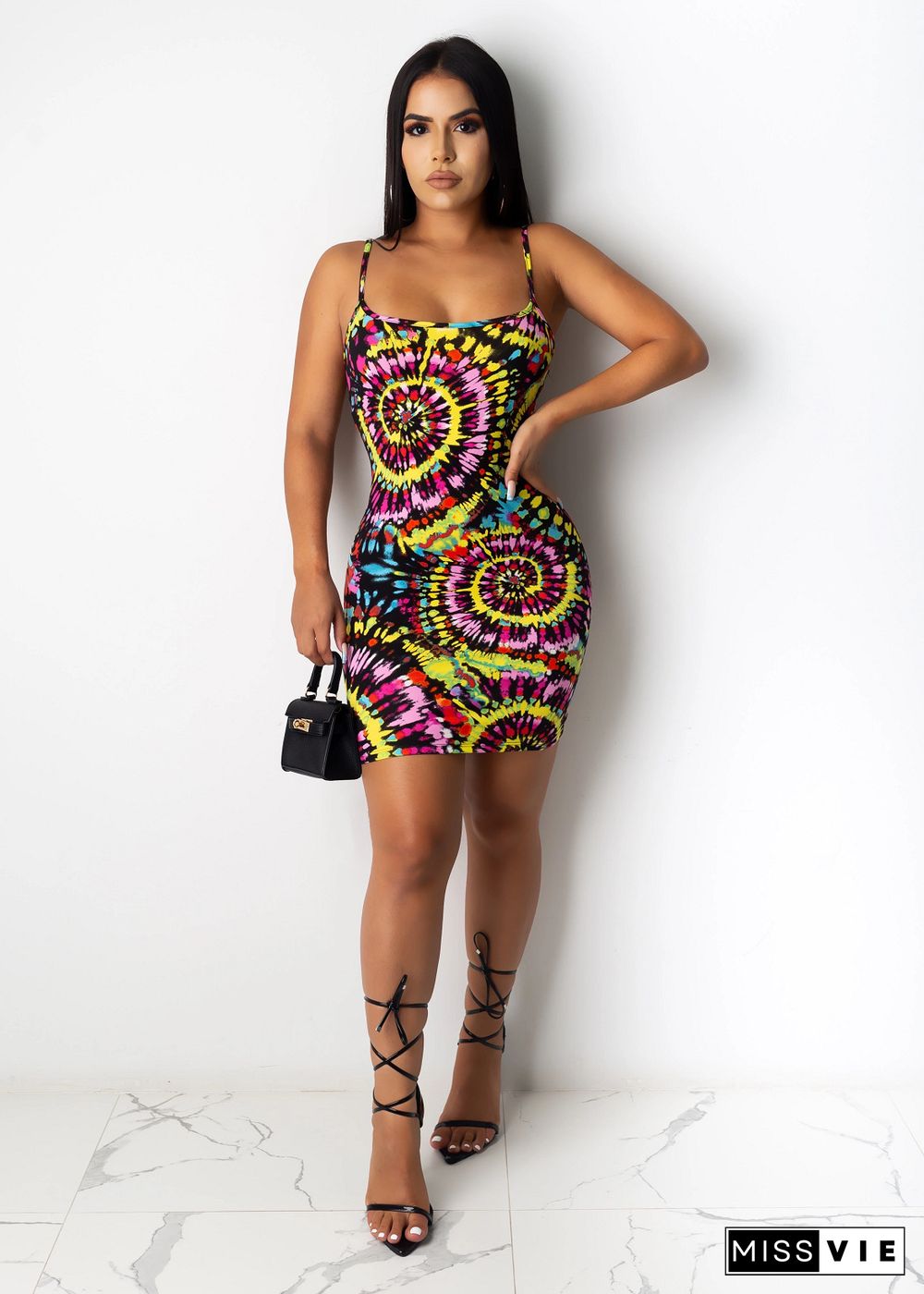 Casual Tie-Dye Colorful Print Loose Halter Dress