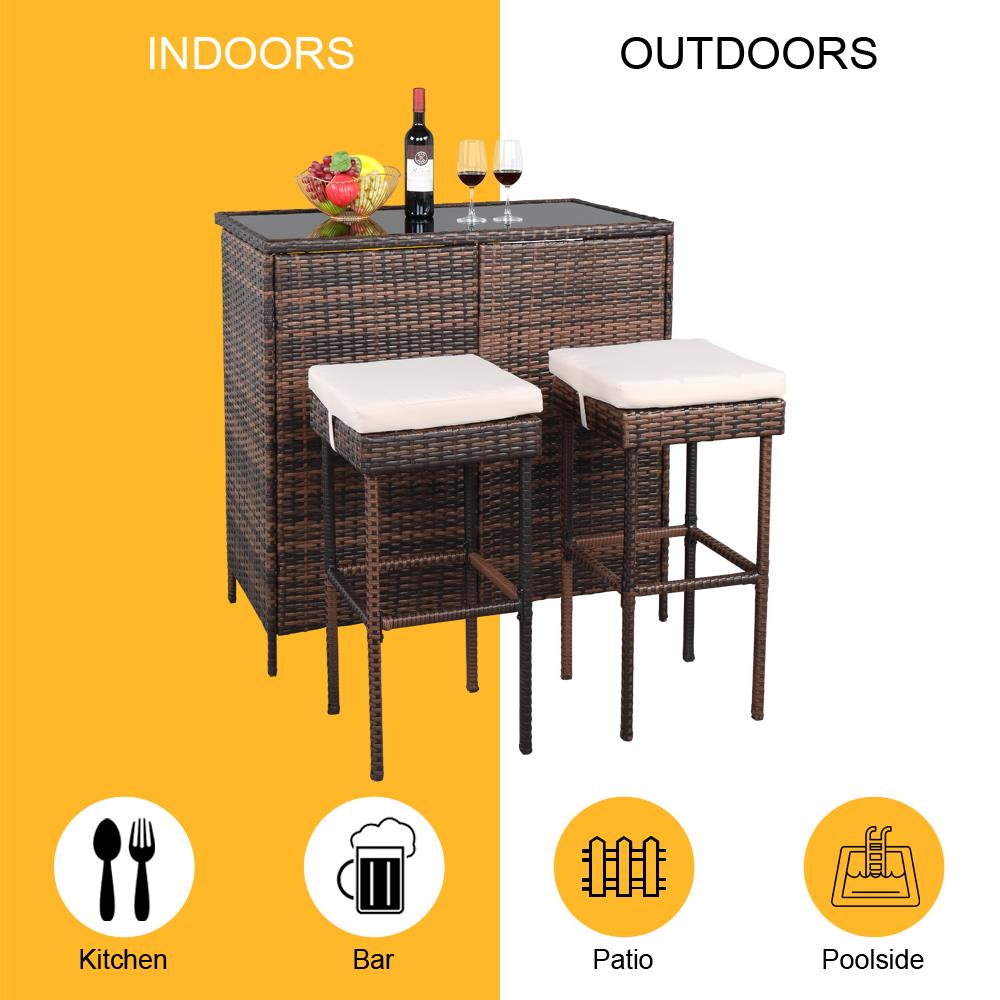 Winado 3PCS Outdoor Brown Wicker Bar Set with Stools and Glass Top Table