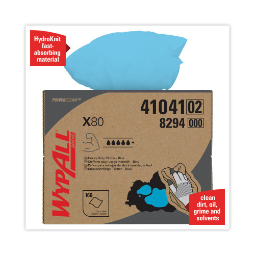 WypAll Power Clean X80 Heavy Duty Cloths， 11.1 x 16.8， Blue， 160 Wipers/Carton (41041)