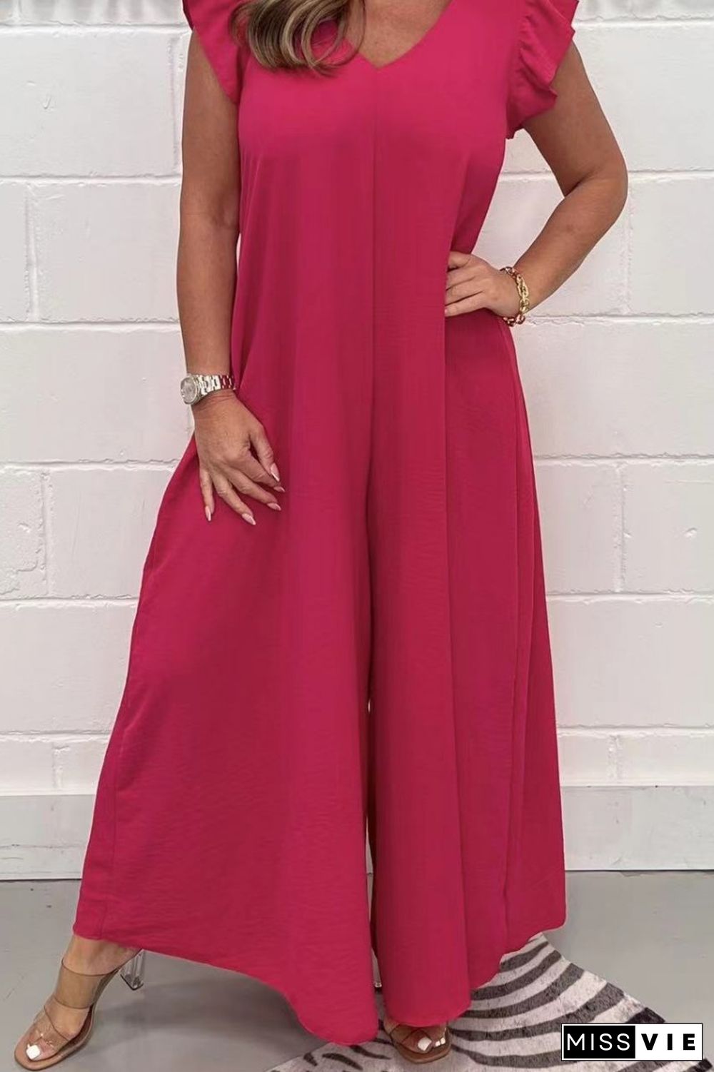 Red Casual Solid Basic V Neck Regular Jumpsuits