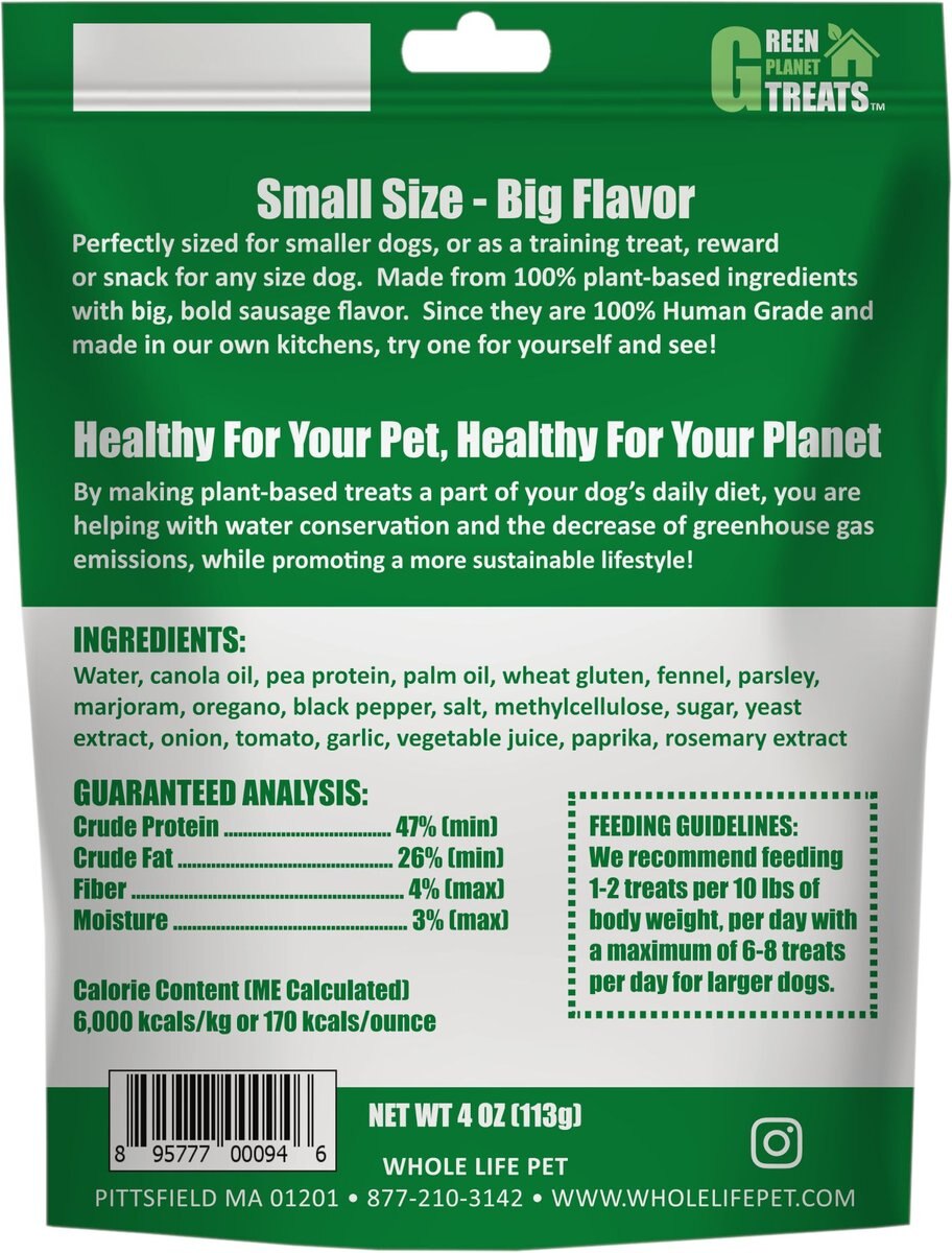 Whole Life Green Planet Plant-Based Sausage Mini Bites Dog Treats， 4-oz bag