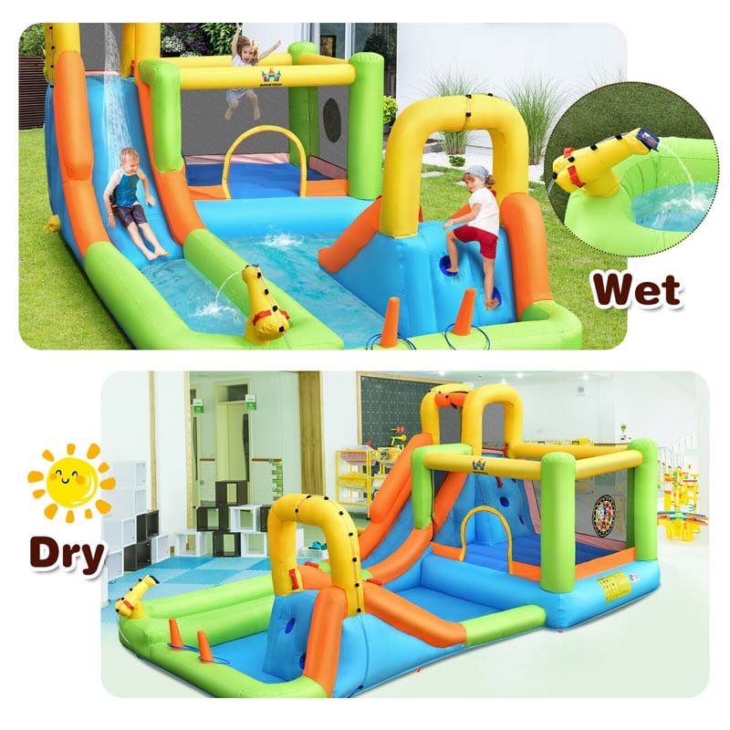 8-in-1 Giant Water Park Bounce House Inflatable Water Slide with Trampoline, Climbing Wall, Splash Pool, Water Gun & Sprinker