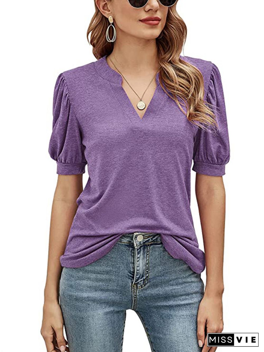 Simple Solid Color V-Neck Puff Sleeves T-Shirt Top