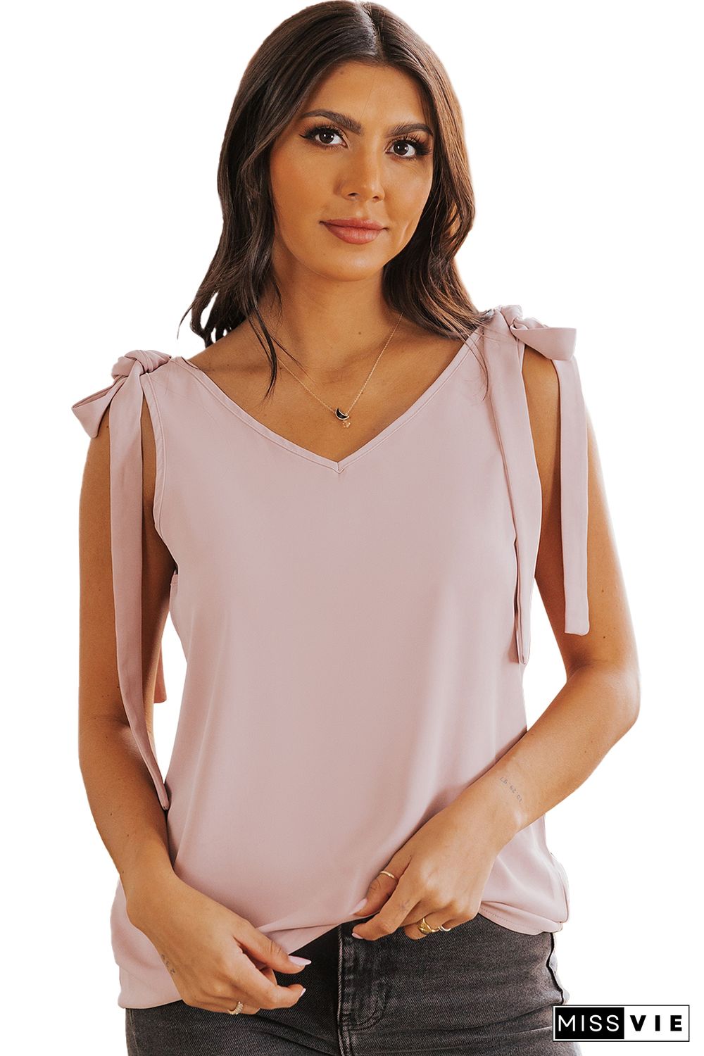 Pink Tie On Shoulder V Neck Tank Top