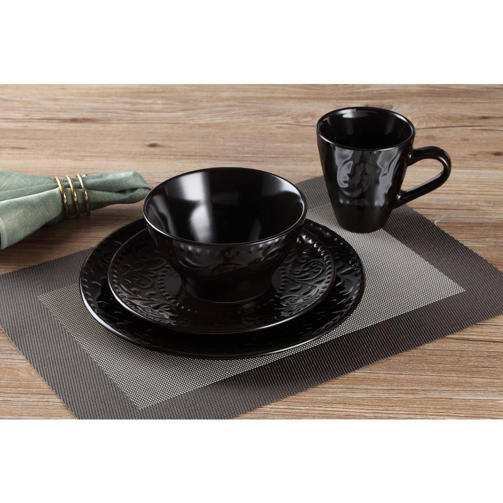 Lorren Home Trends 16-Piece Stoneware Scroll Dinnerware Set-Black LH528