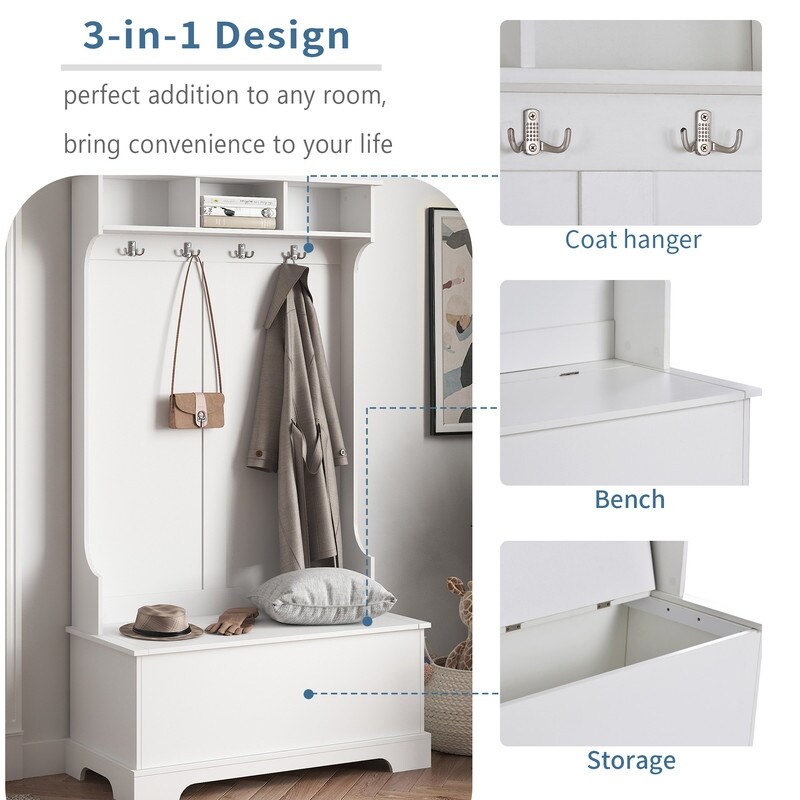 3 in 1 Design Hall Tree with 4 Hooks and Hinged Lid  Coat Hanger  Entryway Bench  Storage Bench with lids