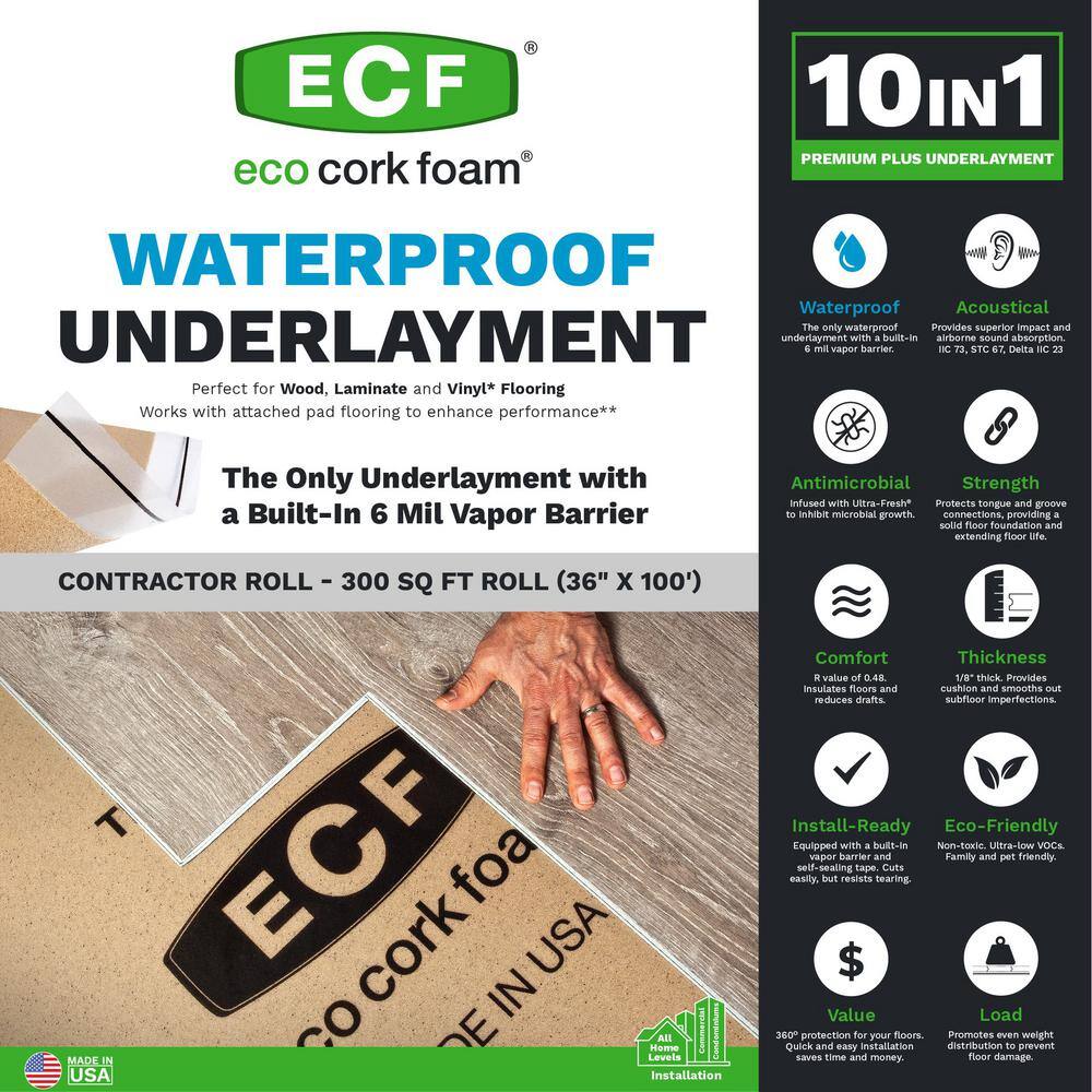 Eco Cork Foam 300 sq. ft. 3 ft. x 100 ft. x3.2mm Waterproof Premium Plus 10-in-1 Underlayment-Vinyl Plank Laminate Engineered Wood 2200000227