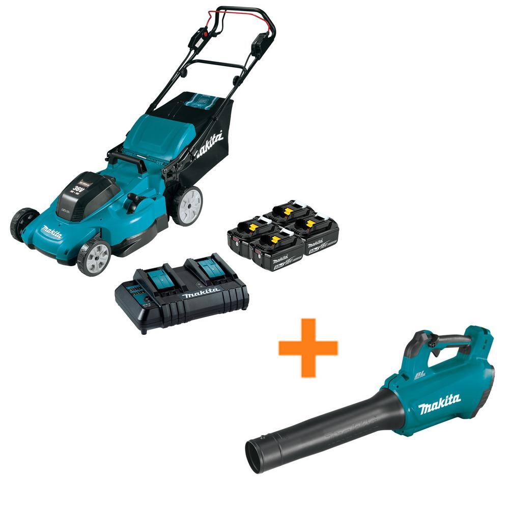 Makita 18-Volt X2 (36V) LXT Cordless 21 in. Lawn Mower Kit  4 batteries (5.0Ah) with bonus 18-Volt Brushless Cordless Blower XML11CT1-XBU03Z