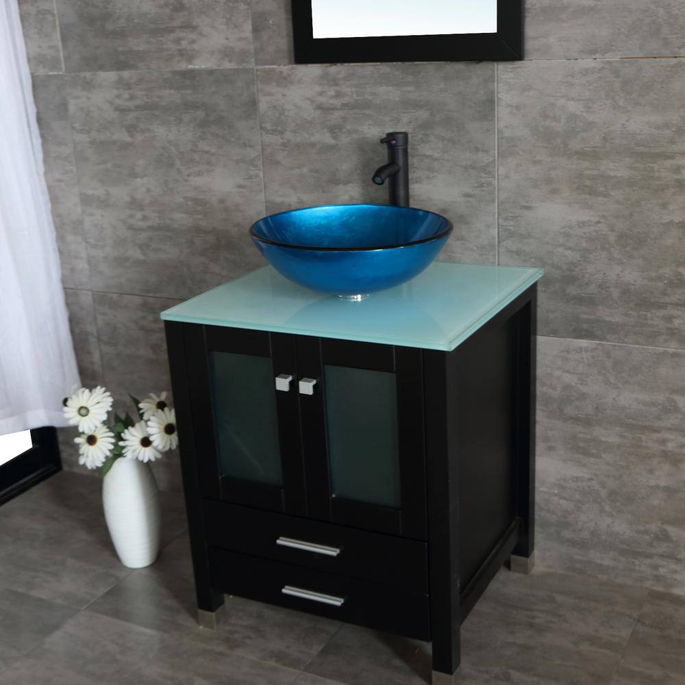 walsport 24 in. W x 21.7 in. D x 29.5 in. H Single Sink Bath Vanity in Black with Glass Top and Mirror USBR4181+USBR1003