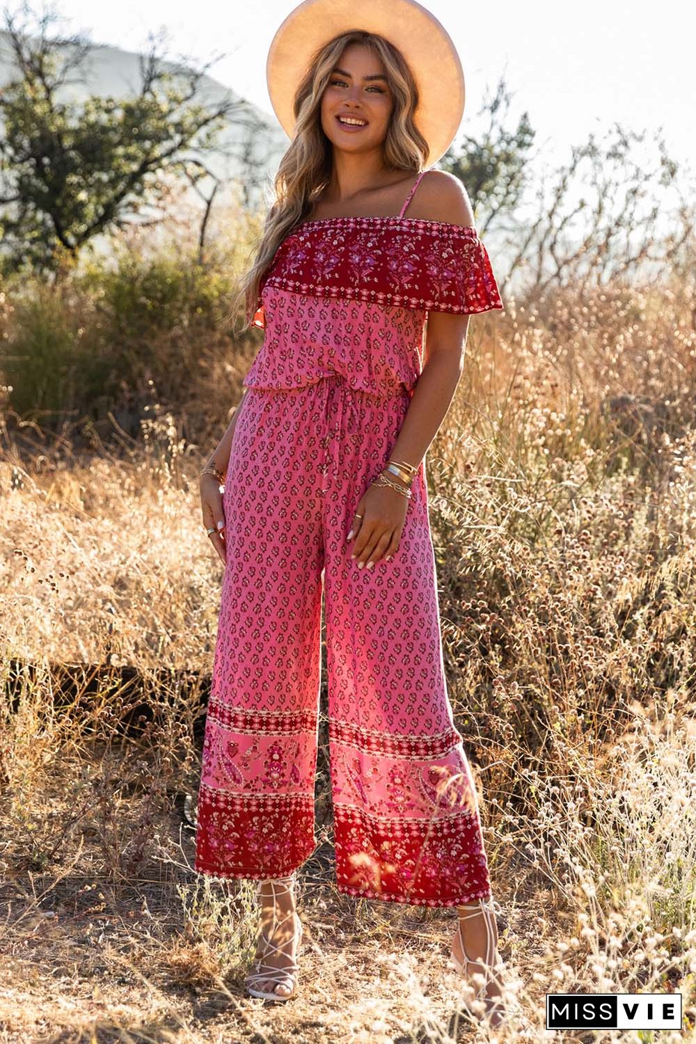 Red Pattern Print Spaghetti Strap Ruffled Wide Leg Jumpsuit