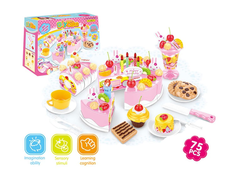 Birthday Cake Toy Play Food Set 75 Pieces Plastic Kitchen Cutting Toy Pretend Play Mundo Toys