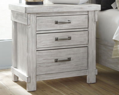 Signature Design by Ashley Brashland Farmhouse 3 Drawer Nightstand with Dovetail Construction, 2 Electrical Outlets & 2 USB Charging Ports, Textured White