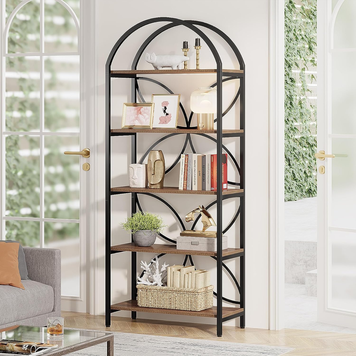 5-Tier Bookshelf, 75 Tall Arched Bookcase Display Rack