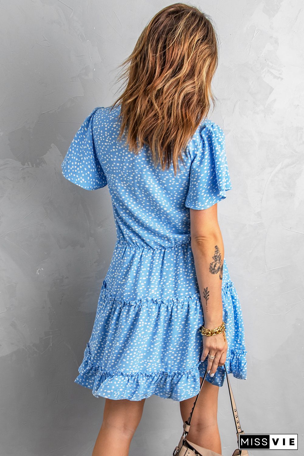 Blue Dotted Print Split Neck Flutter Sleeve Flowy Tunic Mini Dress