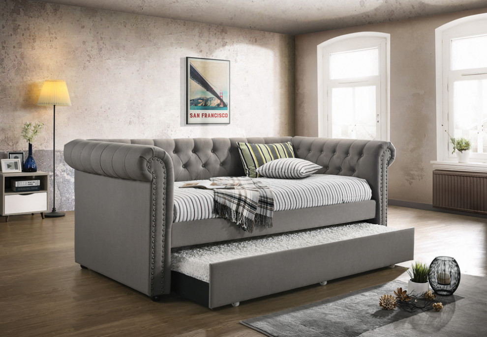 Kepner Tufted Upholstered Daybed Grey With Trundle   Modern   Indoor Chaise Lounge Chairs   by Modon  Houzz