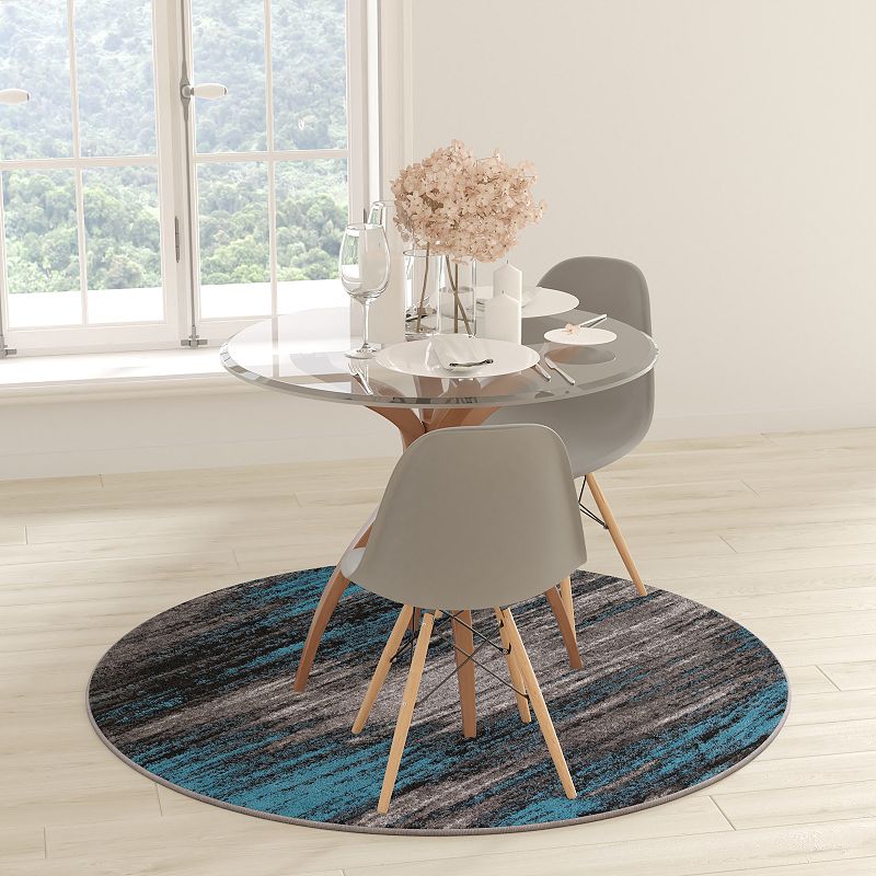 Masada Rugs Masada Rugs Trendz Collection 5'x5' Round Modern Contemporary Round Area Rug in Gray， Black， and Blue