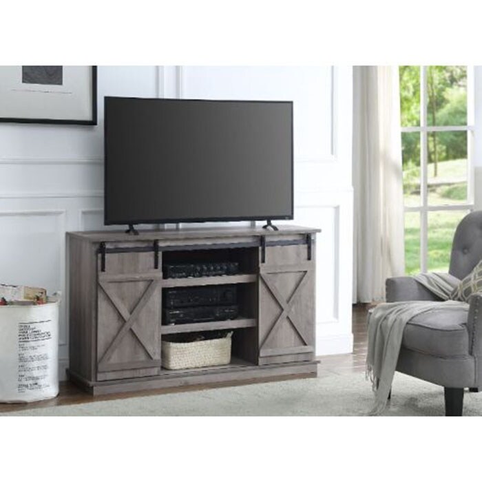 Industrial Wood TV Stand with Open Shelves  2 Sliding Doors and Cable Management Hole