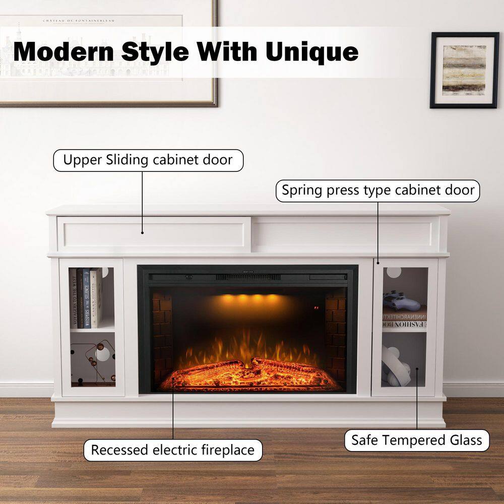 Prismaster ...keeps your home stylish 60 in. TV Stand for 65 in. TVs with Electric Fireplace Built-In Bookshelves Spring Pressed Glass Door White M09BL33WTPR04