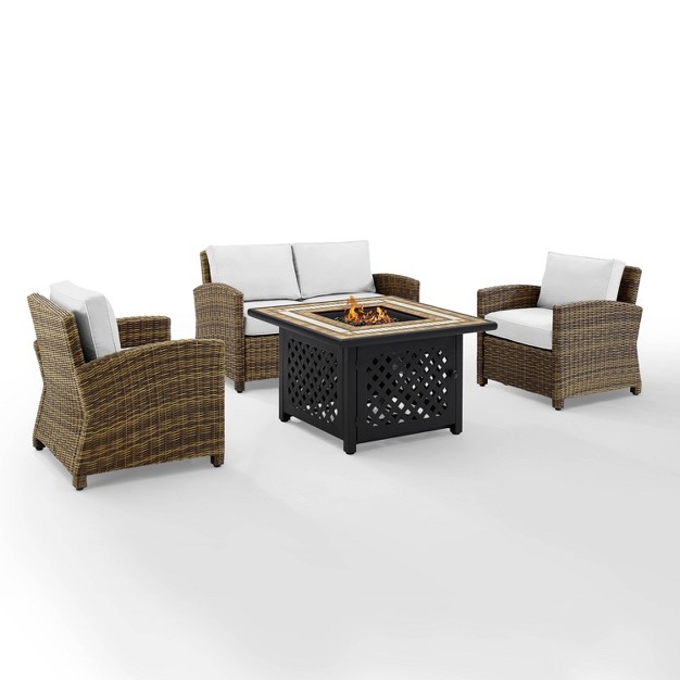 Bradenton 4pc Outdoor Conversation Set With Loveseat 2 Arm Chairs amp Tucson Fire Table Weathered Brown white Crosley