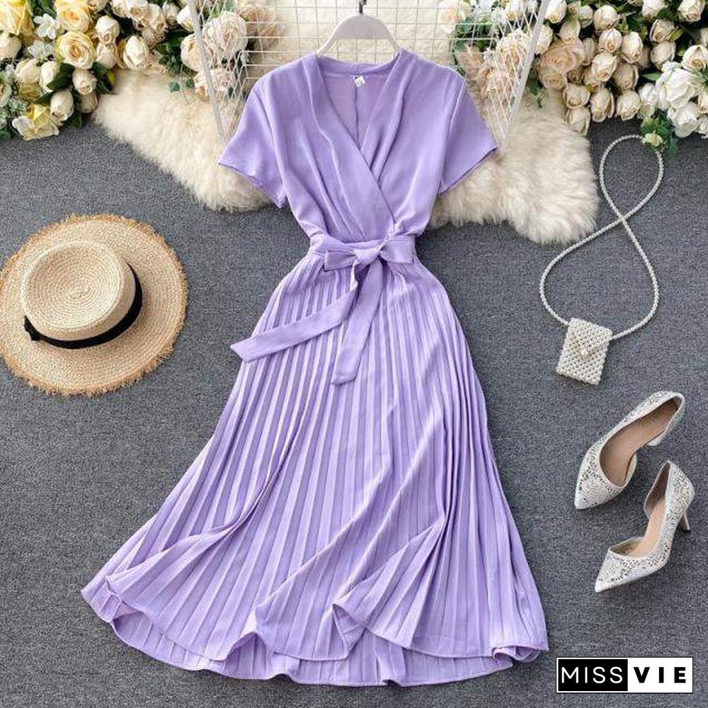 Autumn Fashion New Female Solid Pleated Dress Women V neck Short Sleeves Sashes Long Dresses Summer Streetwear Vintage